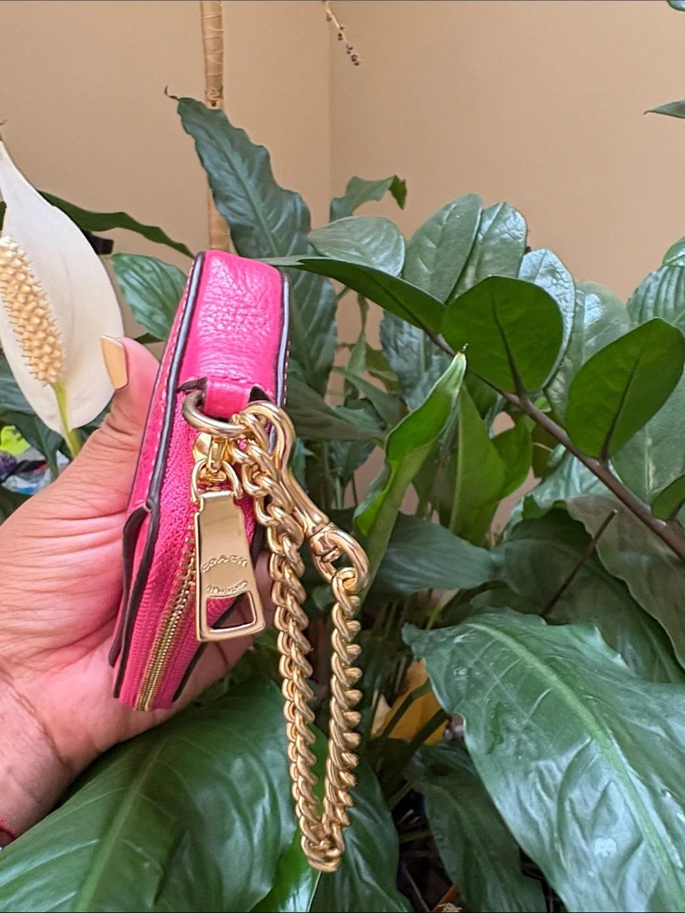 Coach Hot Pink Pebbled Leather Chain Card Case
